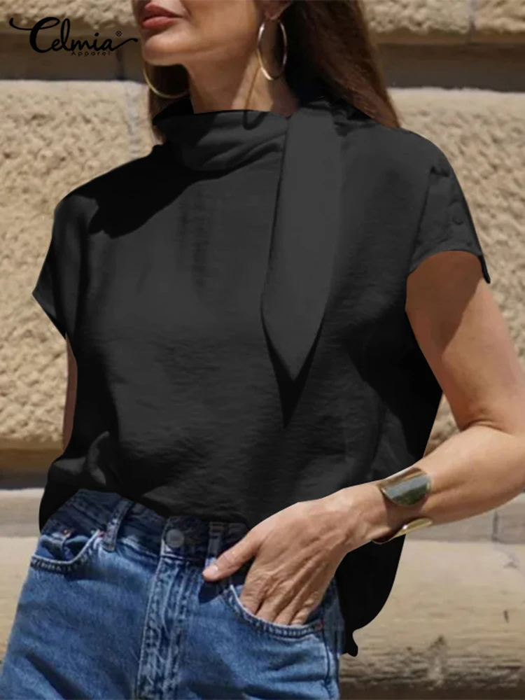 

Celmia Casual Chic Tops Summer Stand Collar Solid Buttons Blosue Bandage Short Sleeve 2022 Fashion Women Blusas All-match Shirt