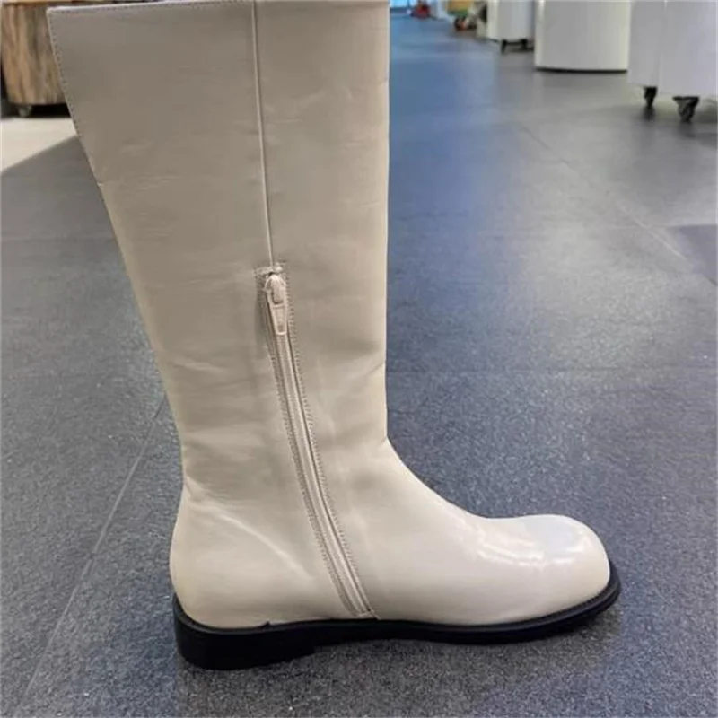 

Side Zippers Women's Shoes Round Toes Female Leather Ladies Calf Designers Boots Low Heels Chassure Femme Solid Zapatos De Mujer