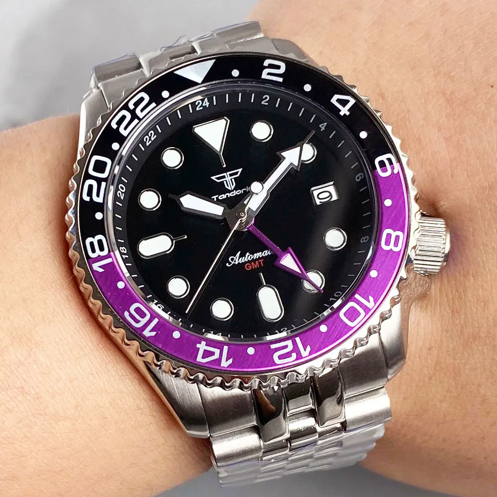 Tandorio 41 мм фиолетовый черный NH34 GMT SKX часы с сапфировым стеклом 200 м водостойкий