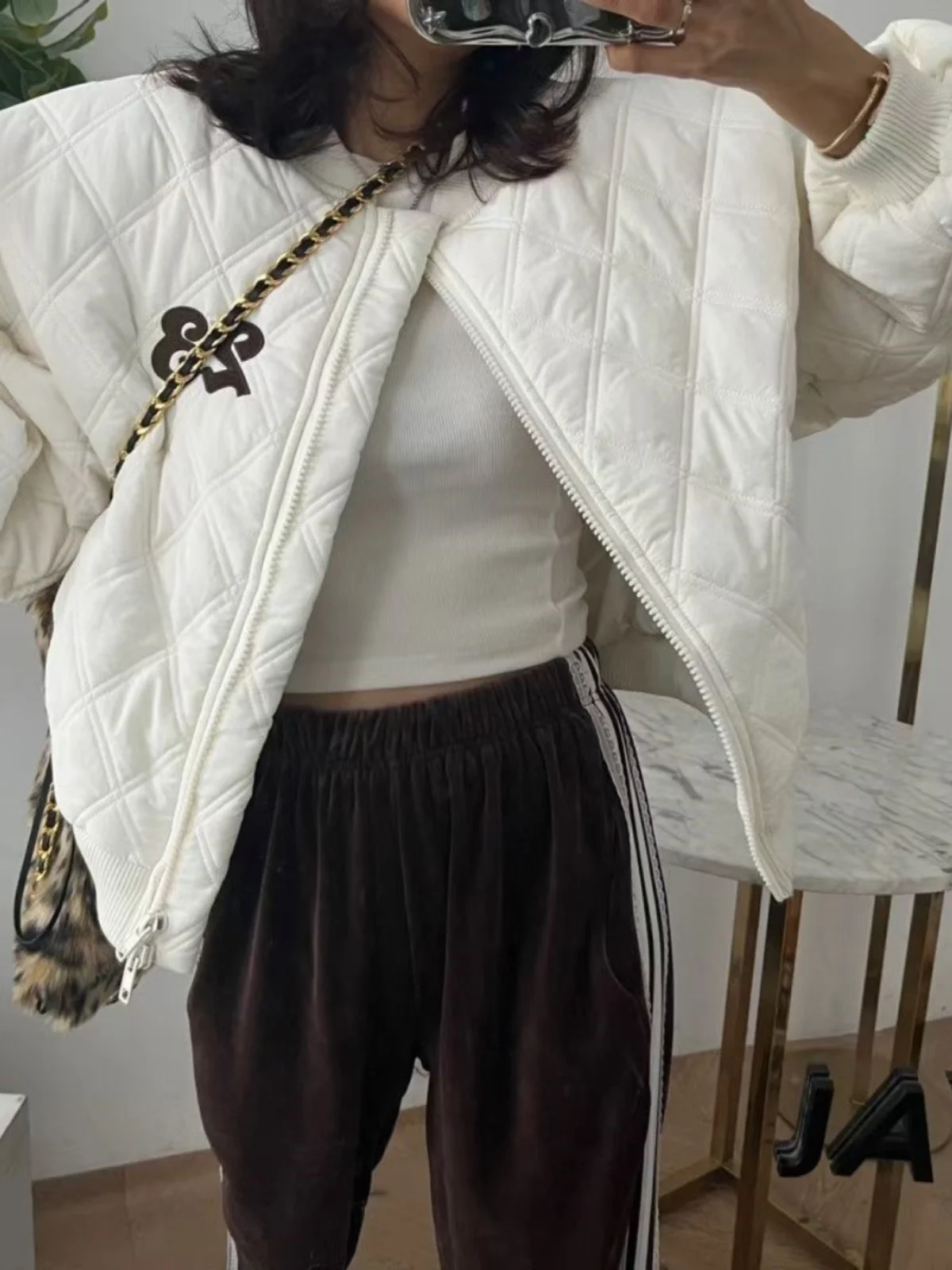 Letter Embroidery Rhombus Baseball Uniform Cotton-padded jacket Outerwear Women South korea Stand Collar Quilted Warm Age-Red...