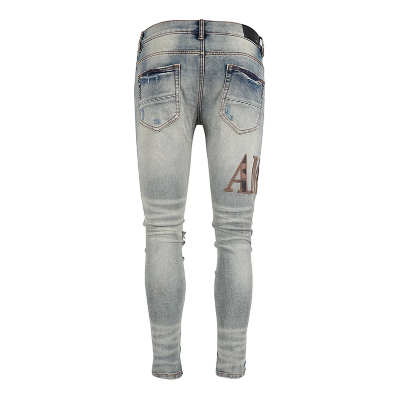 High Street Fashion Men Jeans Retro Gray Blue Elastic Stretch Skinny Ripped Jeans Men Brown Patched Designer Hip Hop Brand Pants