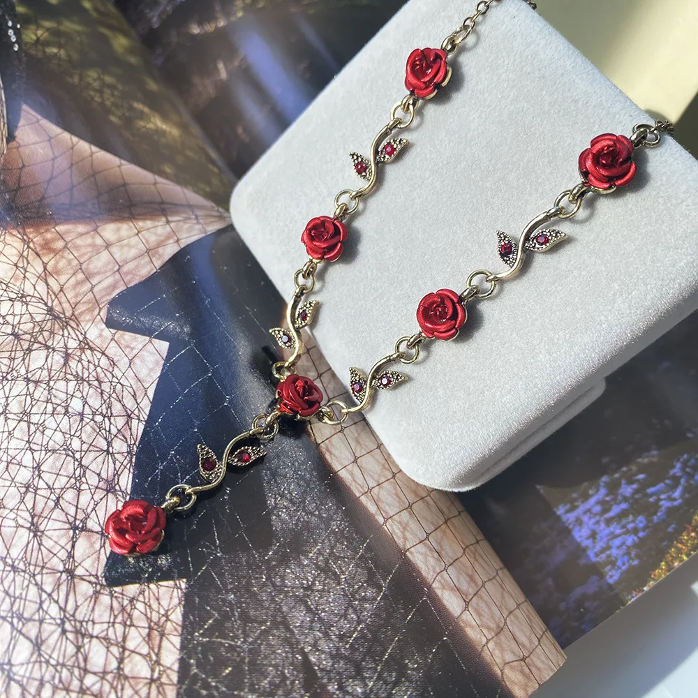 

Gothic Red Rose Necklace Women Girl Fashion Witchcraft Jewelry Accessories Vintage Romantic Red Rose Zircon Choker Gift For Her