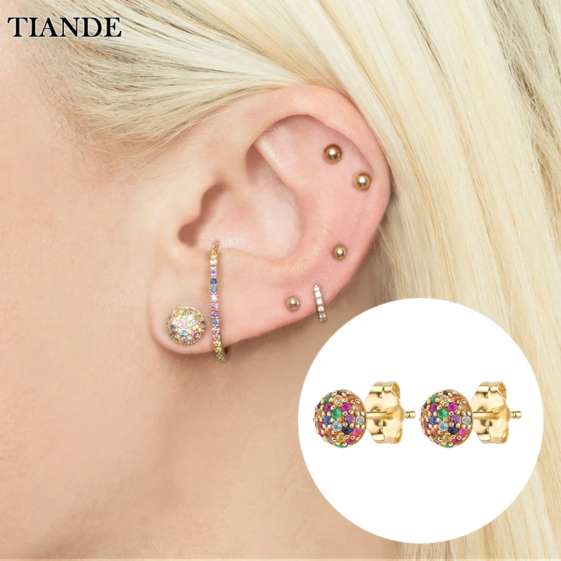 

TIANDE Silver Color Gold Plated Stud Earrings for Women Colour Zircon Piercing Hemisphere Huggie Earrings 2022 Jewelry Wholesale