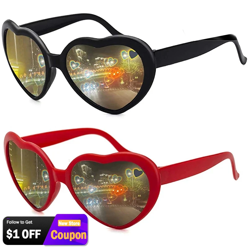 Women Fashion Heart Shaped Effects Glasses Watch The Lights Change To Heart Shape At Night Diffraction Glasses Female Sunglasses