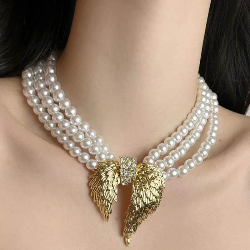 Ожерелье Draweye в стиле панк с крыльями для женщин жемчуг многослойное винтажное