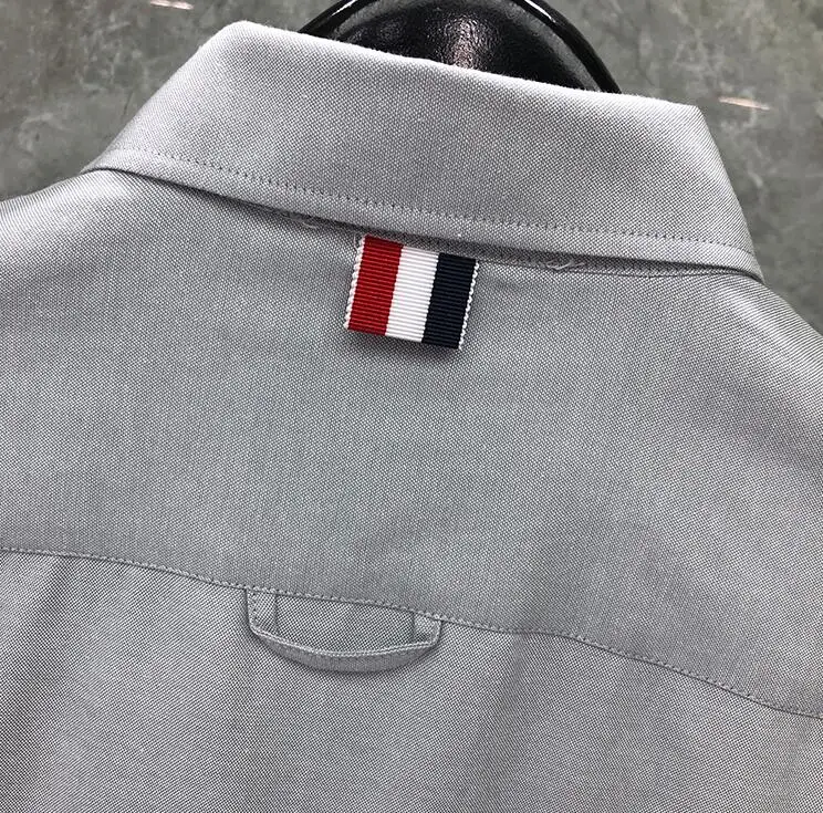 TB New Fashion Light Grey Men Shirt Blouse Casual Long Sleeve Cotton Oxford Male Dress Shirts Fit Top Quality Blouse with Pocket