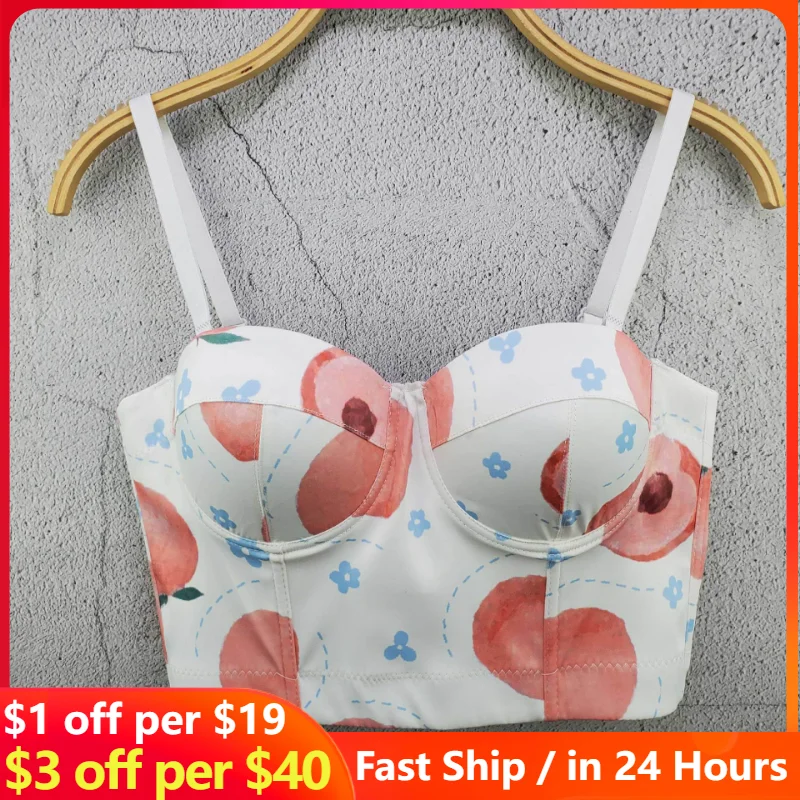 

2023 New Cotton Crop Tops Honey Peach Print Sweet High Waist Sexy Top Slim Fit Cute Summer Sling Top y2k Fashion Women Clothes