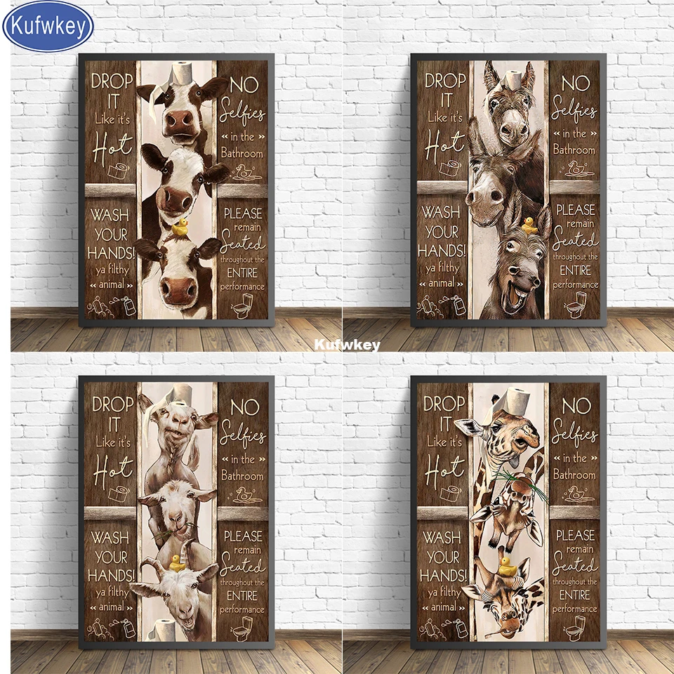 

Wall Art Toilet Rules 5D diamond Painting Funny Bathroom Animal Cow Donkey Giraffe Diamond Embroidery rhinestone Of Picture Gift