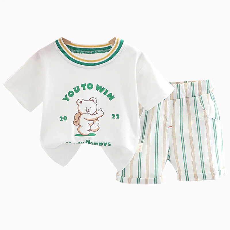 

Лето 2022, комплекты одежды для маленьких мальчиков, одежда для младенцев, детский спортивный костюм с мультяшным медведем, футболка с коротк...