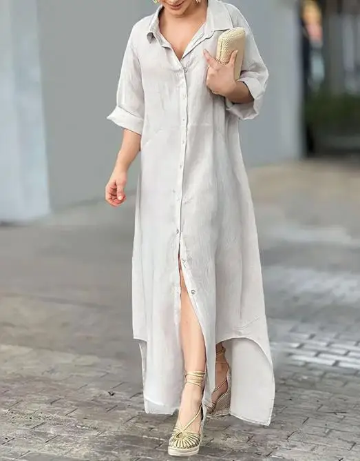 

Solid Color Shirt Dresses Summer New Woman Casual Lapel Half Sleeve Solid Color Button Design Loose Fitting Waist A-Line Skirt