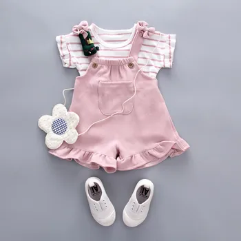 2pcs Cute Toddler Baby Girl T-shirt+Suspender Shorts Outing Clothes New Fashion Bay Sets Suits (No Shoes No Bag) 1