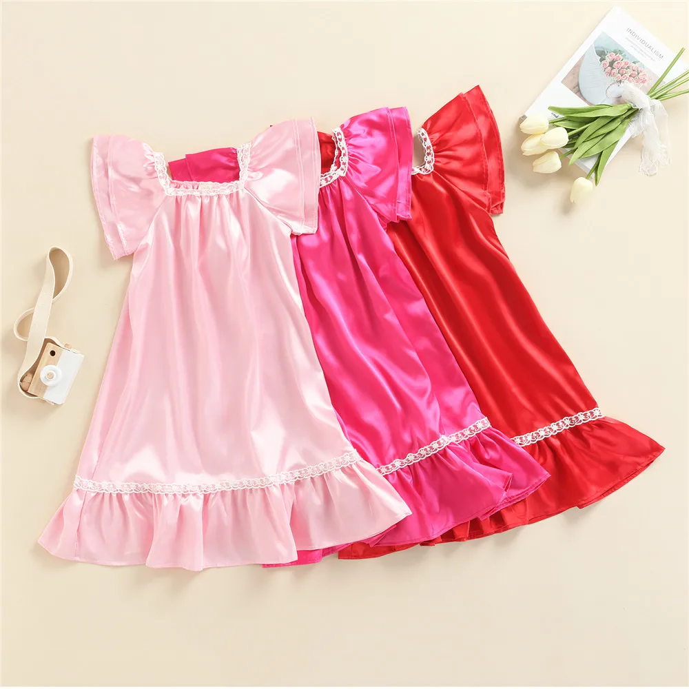 

Baby Girl Solid Color Satin Nightgown Short Sleeve Nightdress Lace Nightshirt 2-7Y Kids Children Summer Casual Cozy Sleepwear