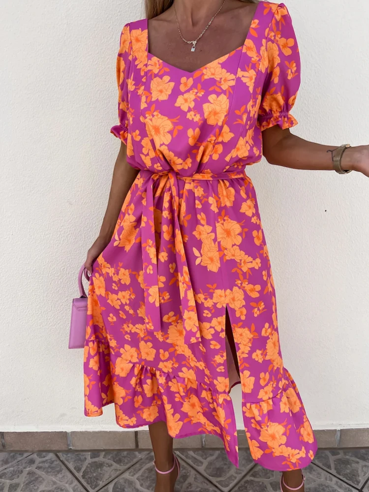 

Summer Orange Floral Print Split Dress Women Square Collar Puff Sleeve Maxi Dress Sashes Female Casual Party Long Vestidos 2022