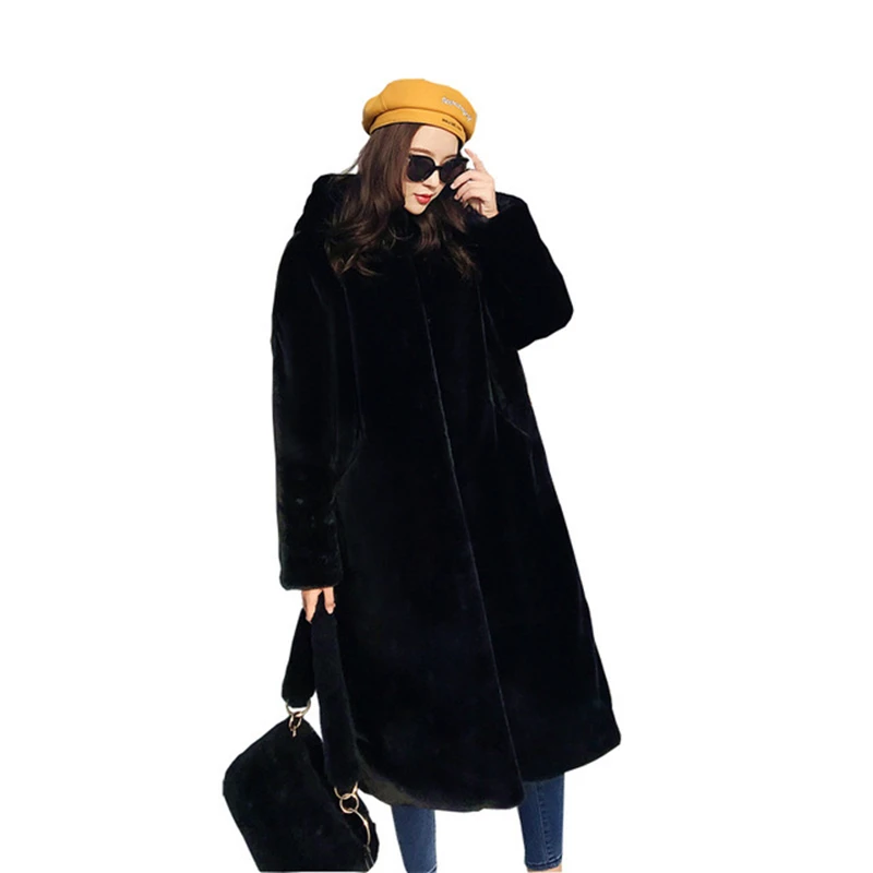 Women Faux Fur Coats Ladies Hooded New Winter Solid Thicken Warm Outwear Faux Rabbit Fur Jackets Female Loose Long Overcoat 2023