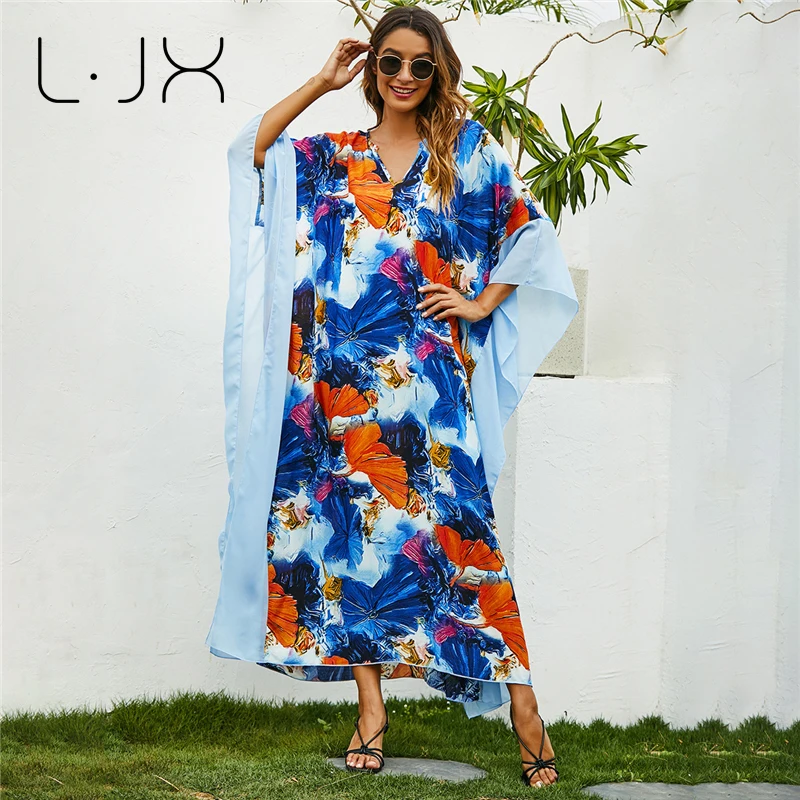LJX 2022 весна/лето Средний Восток большой размер свободный халат европейские и американские праздничные длинные юбки с принтом синее платье