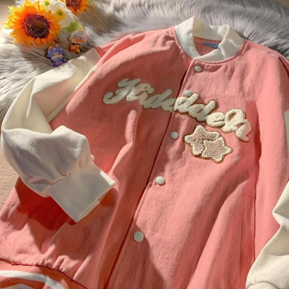 

Japanese Vintage Varsity Jacket Men Women Patchwork Letter Flocking Streetwear Loose Casual Baseball Spring 2023