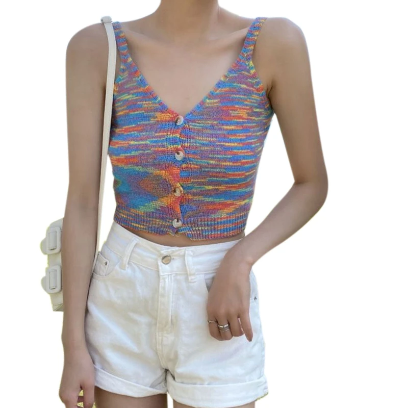 Женский трикотажный топ на бретелях-спагетти с пуговицами и глубоким V-образным