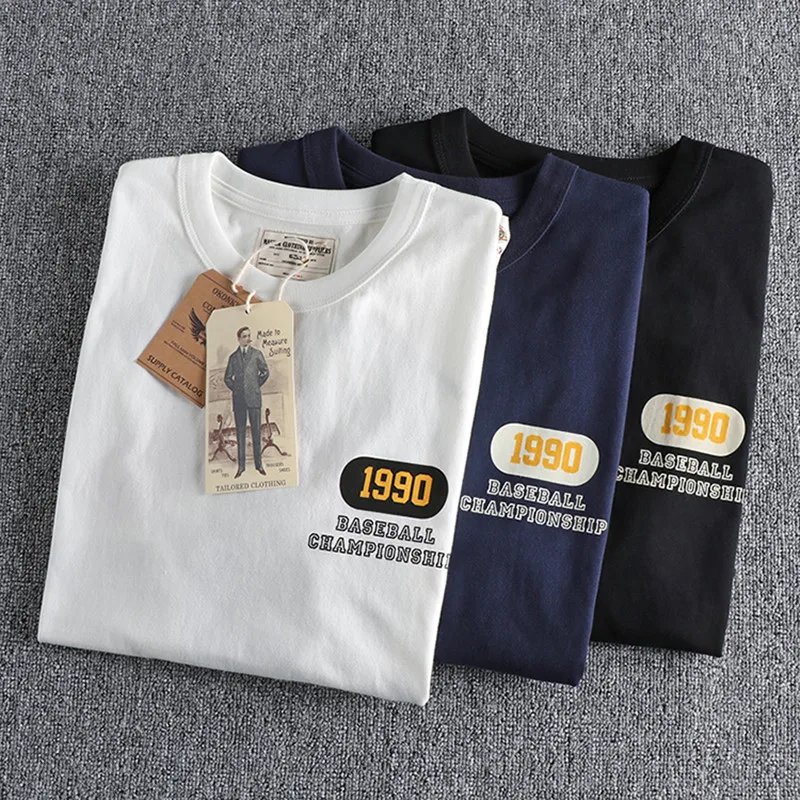 

Summer New American Retro Short Sleeve O-neck Back Baseball Printed T-shirt Men's Fashion 100% Cotton Washed Loose Casual Tops