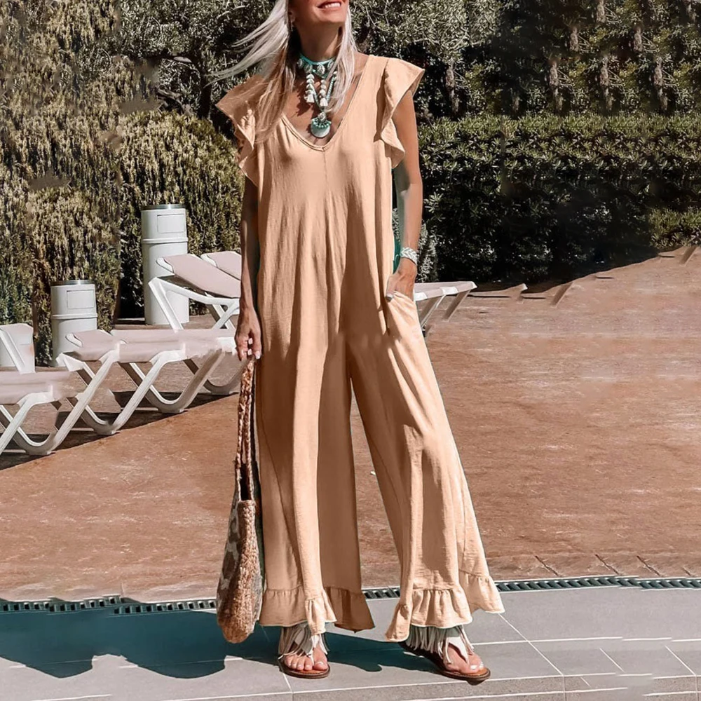 New Summer Solid Color Short-sleeved Jumpsuit Edge Women's Jumpsuit Casual Chic V-neck Loose Women's Straight-leg Pants Jumpsuit