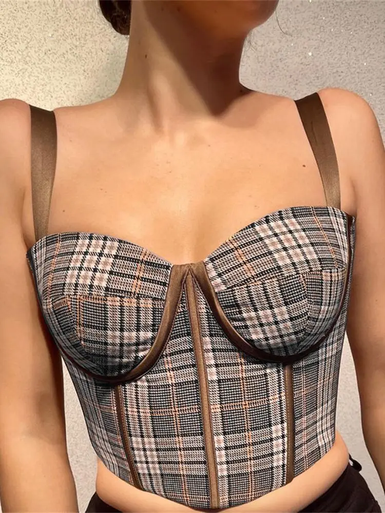 

Summer Plaid Print Strap Crop Top Fashion Retro Korean Style Sleeveless Slim Tank Women Streetwear Y2K Short Camisole 2022