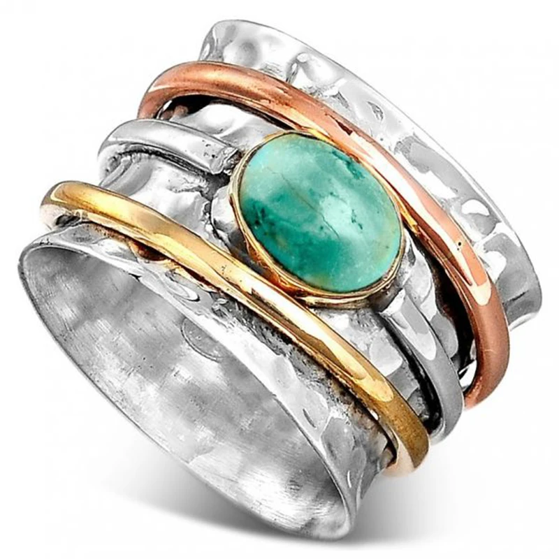 

Vintage Silver Color Plated Two Tone Green Natural Stone Wide Ring for Women Boho Party Statement Ring Fashion Jewelry Gift