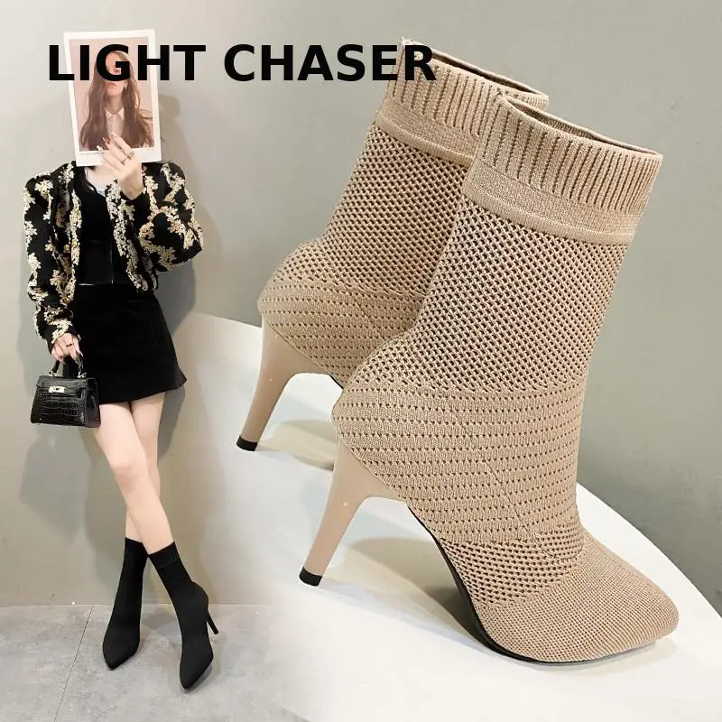 Autumn And Winter Women's High Heels, Knitted Elastic Female Boots, Checisle Ankle Boots Breathable Fashion Female Dress Shoes