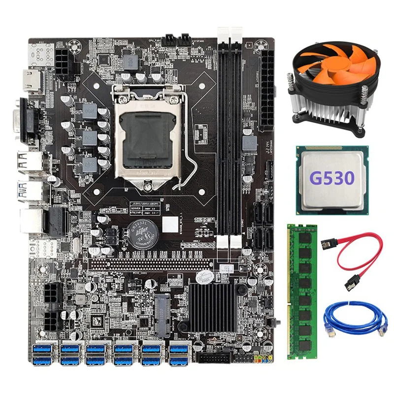 

Материнская плата B75 ETH для майнинга с 12 PCIE на USB LGA1155 с процессором G530 + DDR3 4 Гб 1333 МГц ОЗУ + вентилятор охлаждения B75 BTC Майнер