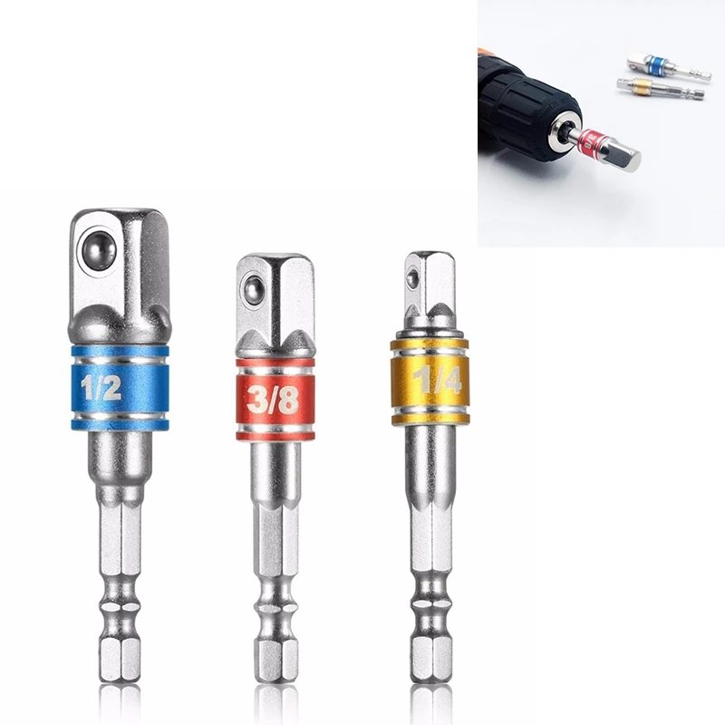 

1Set/3Pcs Hex Drill Power Bit Socket Drive Adaptor Exension 1/4" 3/8" 1/2" Socket Bit Adaptor Hex Shank With Fixed Collar Rings