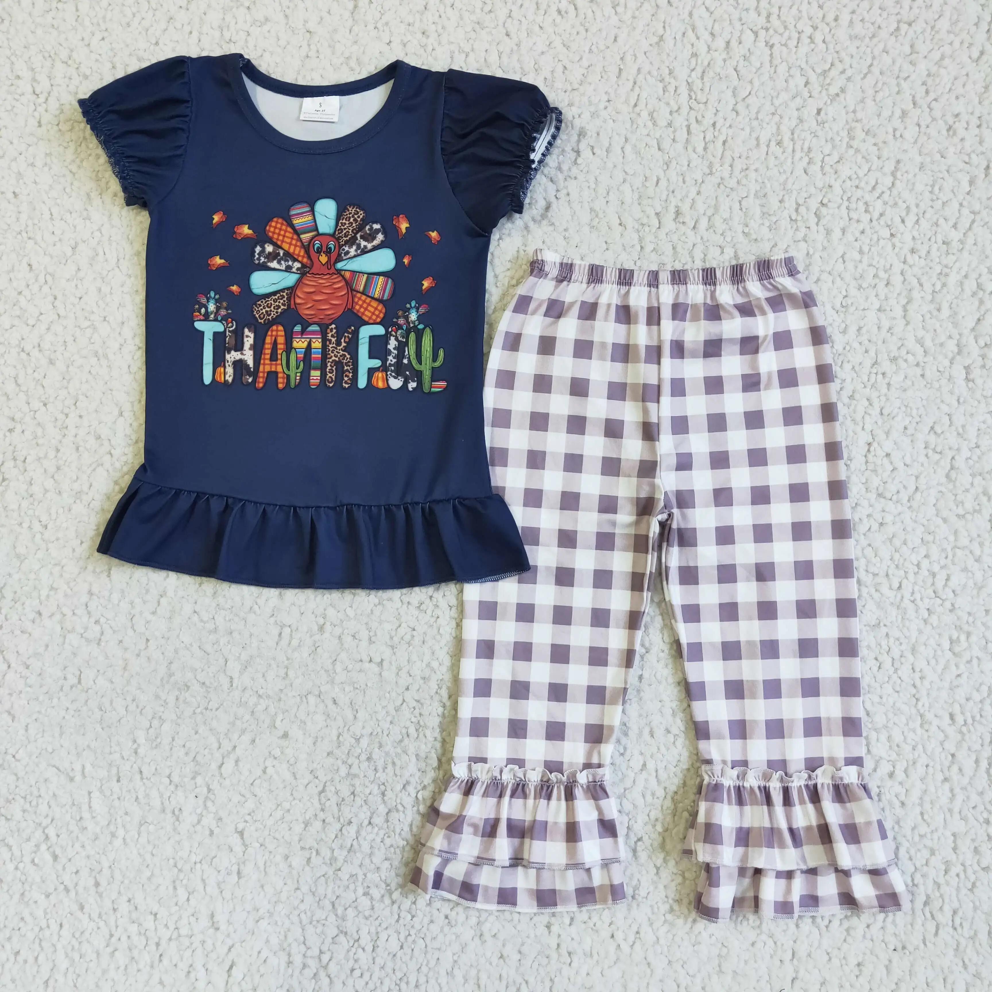 

Wholesale thanksgiving girls clothes turkey print navy tops plaid ruffle trousers boutique 2pc sets