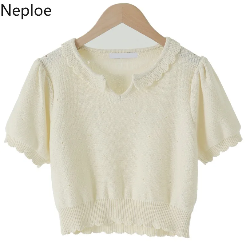 Модные женские футболки Neploe винтажный вязаный укороченный свитер топы корейские