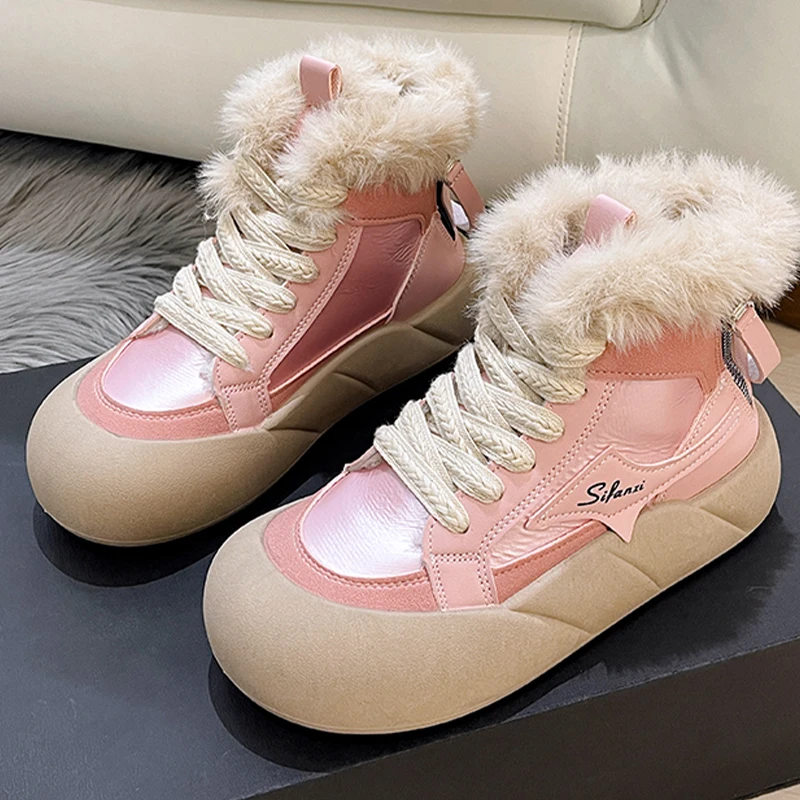 

New Platform Women Ankle Snow Boots 2024 Winter Warm Flats Shoes New Designer Plush Chelsea Boots Casual Lace-Up Femme Botas