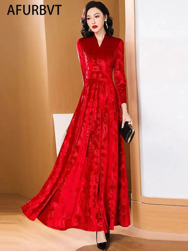 

Женское бархатное платье макси, элегантное винтажное платье с длинным рукавом и драпировкой, офисное праздвечерние чное платье, дизайнерск...