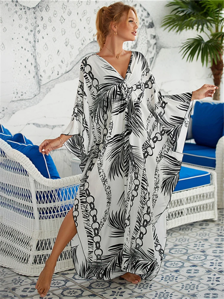 

Sexy Zebra Striped Beach Dreen Casual V-neck Side Split Summer Batwing Sleeve Beach Dress Women Beach Long Robe de plage Q1297