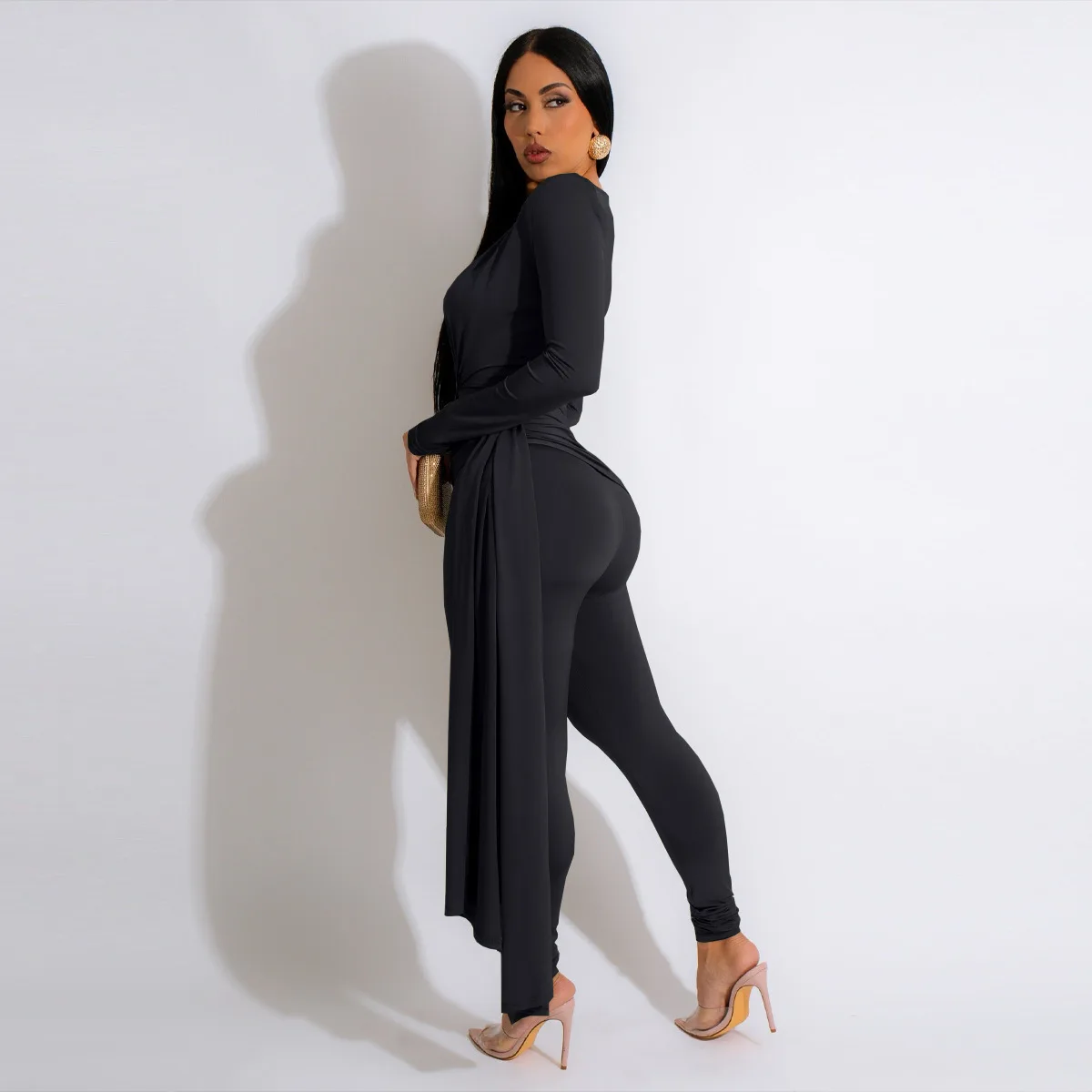 Spring Fashion Sexy Solid Jumpsuit for Women Deep V-neck Long Sleeve Zipper Night Club Outfit Women Elegant Long Jumpsuits