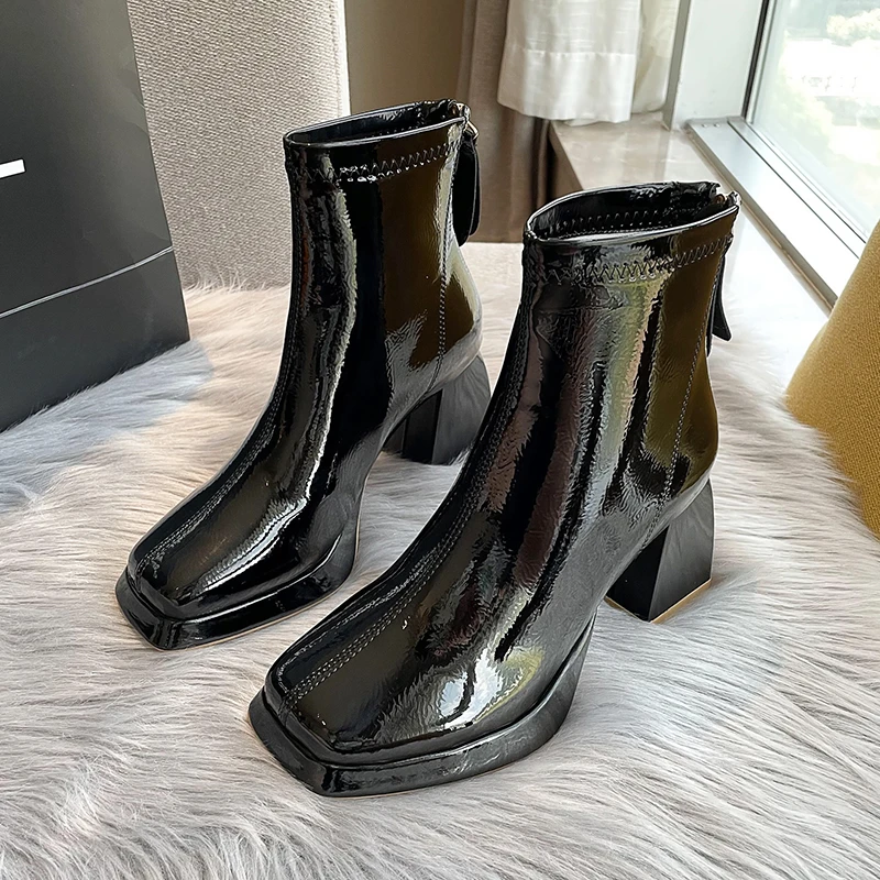 

Новинка 2022, осенне-зимние женские ботильоны из лакированной кожи на толстом каблуке с молнией сзади и высоким каблуком Pmwrun