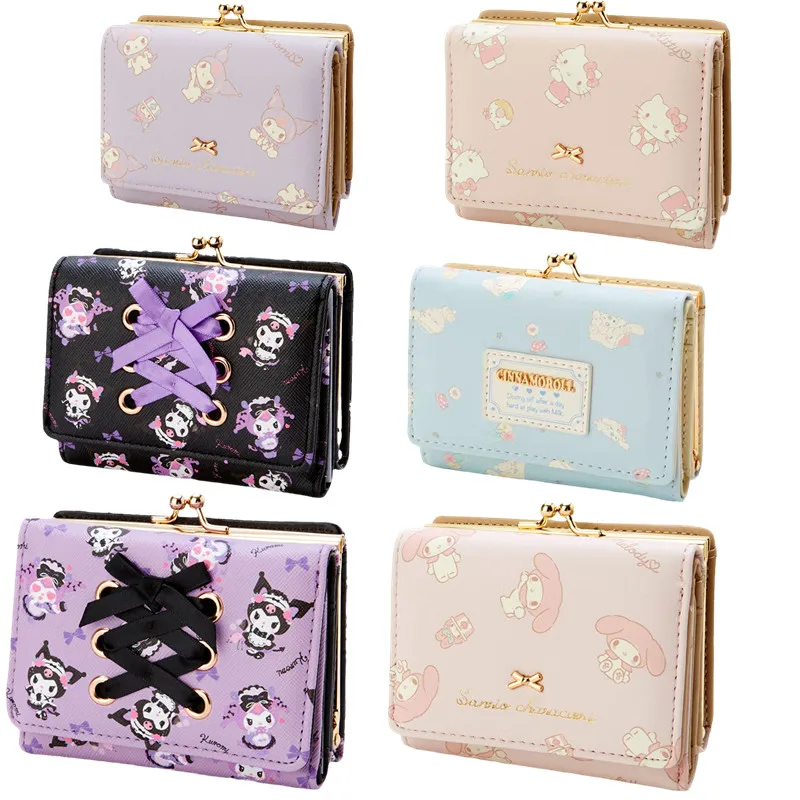 

Sanriod аниме товар Cinnamoroll Kitty Kuromi Женский Повседневный короткий 2 складной кошелек форма Молния Пряжка Чехол для карт кошелек