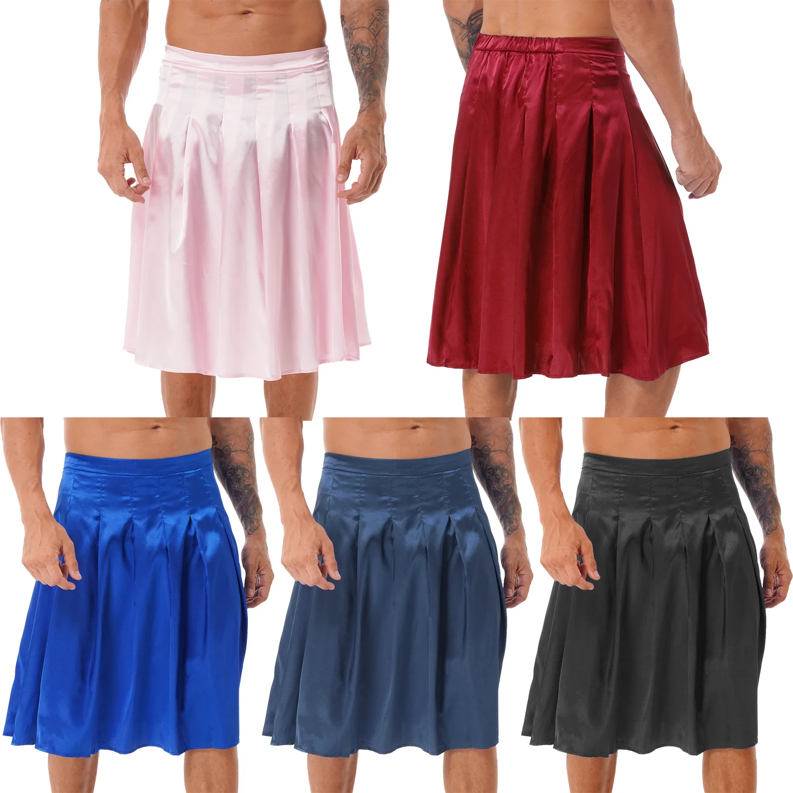 New Men Pleated Satin Midi Skirt Loungewear Side Invisible Zipper Back Elastic Waistband Skirts Nightwear Solid Color Sleepwear