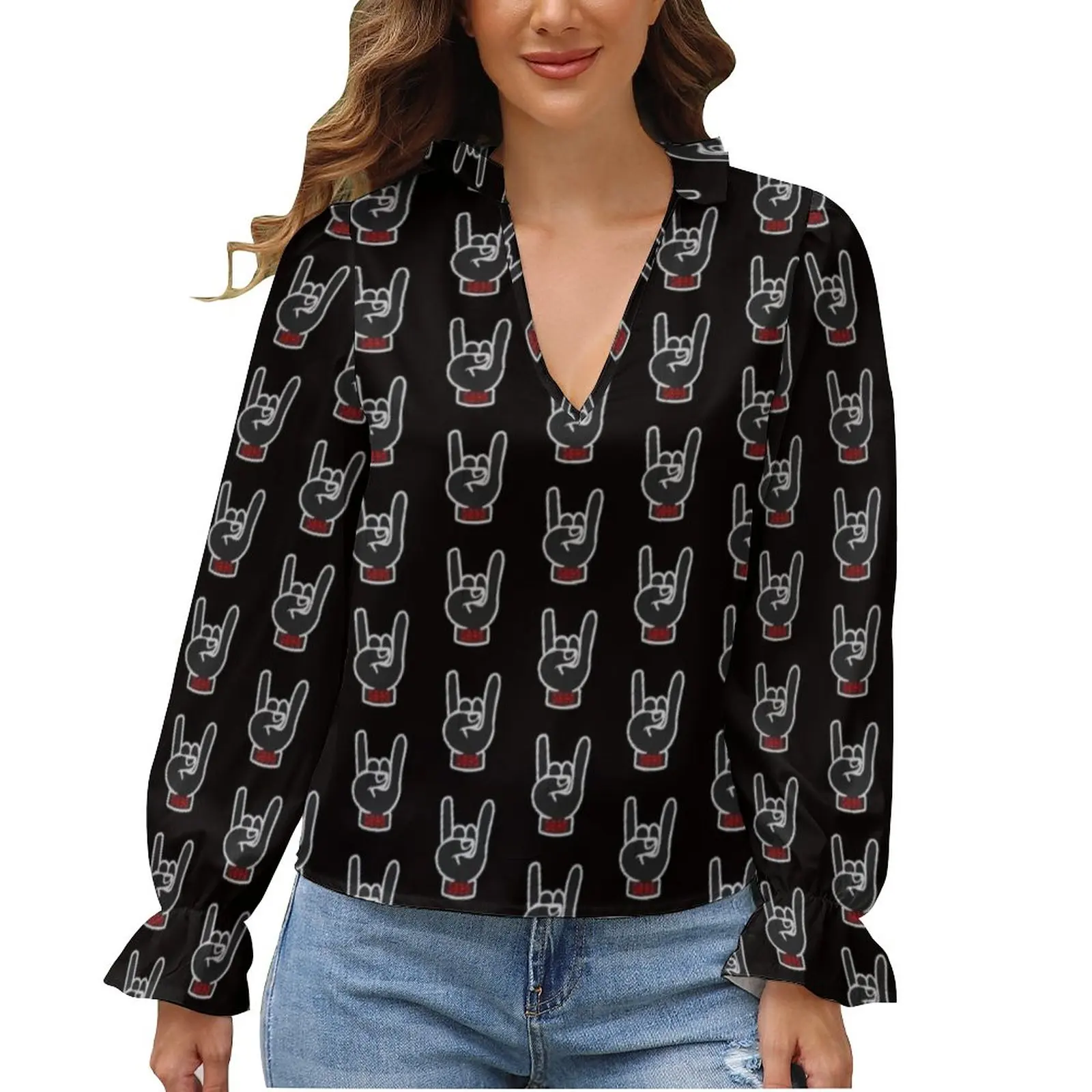 

Horns Guitar Music Blouse Rock Puffy Female Elegant Collar Shirt Party Korean Style Shirts