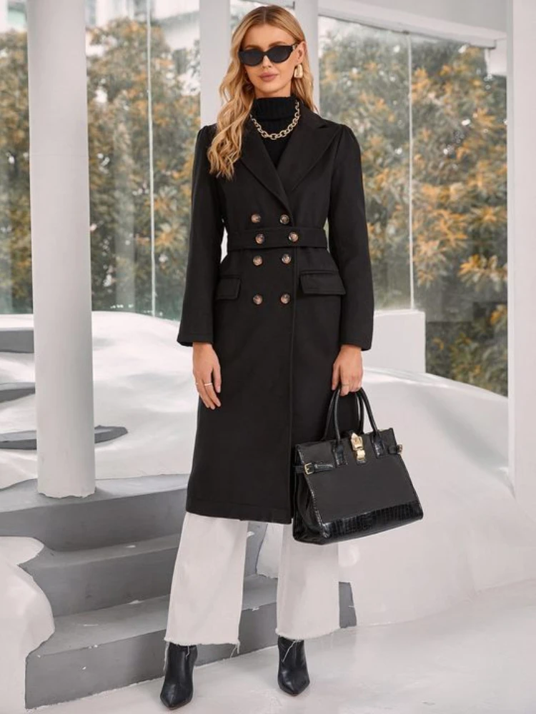 

2022 Autumn and Winter en Overcoat Women's Double-Faced en Goods Lapel Double Breasted with Belt Coat