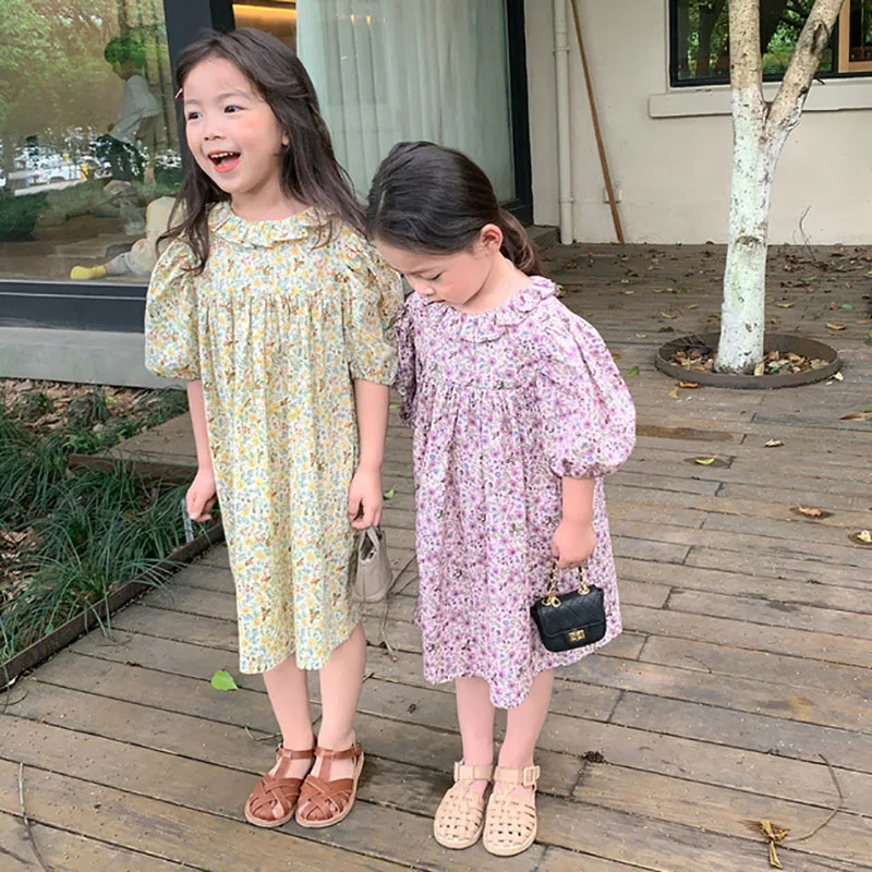 

New Spring Korean Style Dress Girl Floral Turn-down Collar Children Clothing Summer Flower Short Sleeve Cute Princess Dress 2022