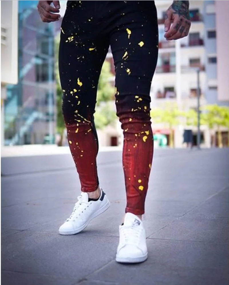 New Men's Jeans Hip Hop Jeans Men's Casual Fashion Stretch Pencil Pants Four Seasons Black Printing Travel Denim Straight Pants