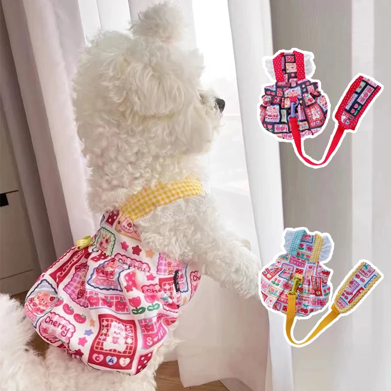 

Жилетка и поводок для собак и кошек, милый кружевной комплект с мультяшным рисунком, цветная юбка для щенков и маленьких собак, для прогулок, чихуахуа, Мопса