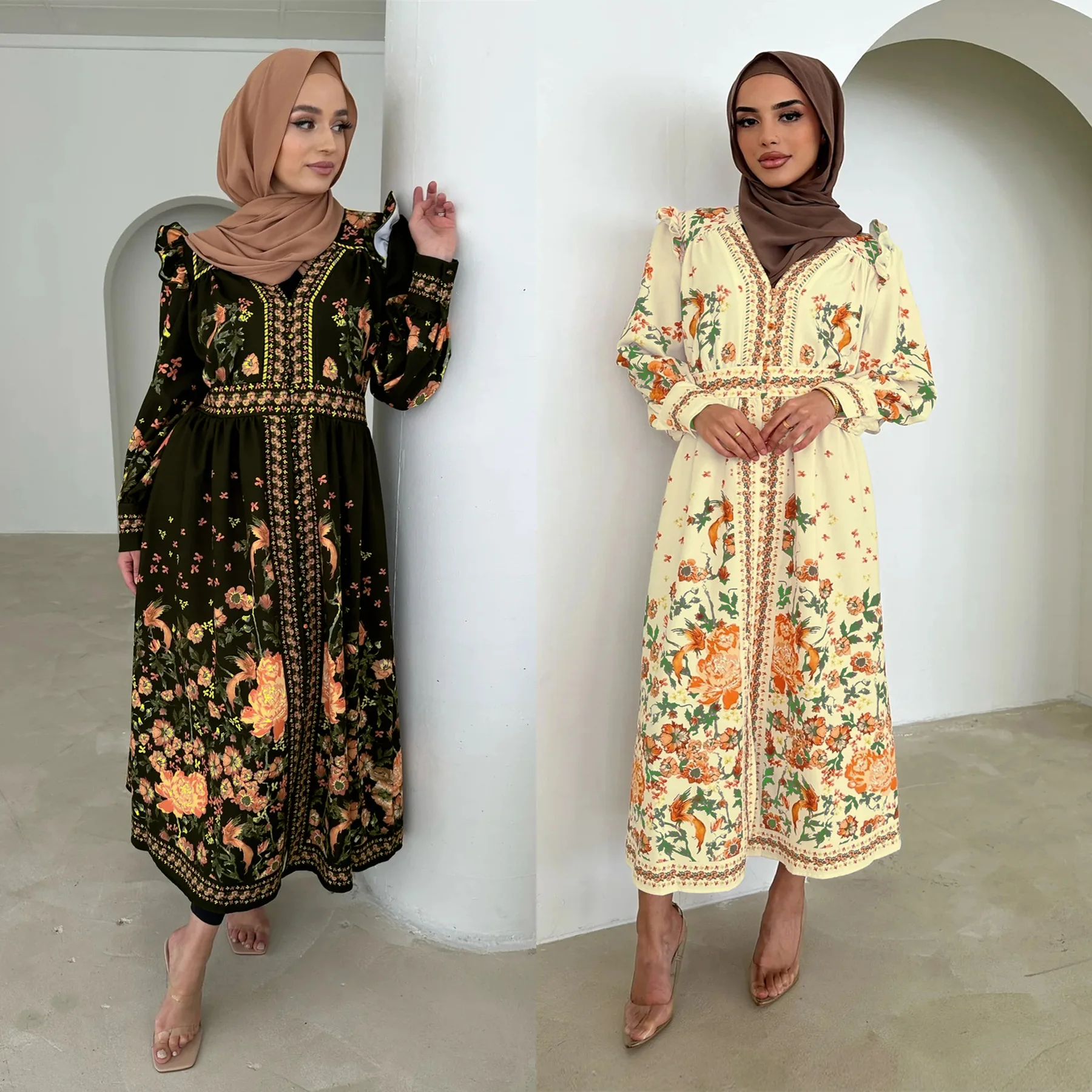 

Eid Summer Woman Dress Floral Printed Abaya Islamic Muslim Saudi Arabia Long Dresses Ramadan Abayas Caftan Kaftan Jalabiya