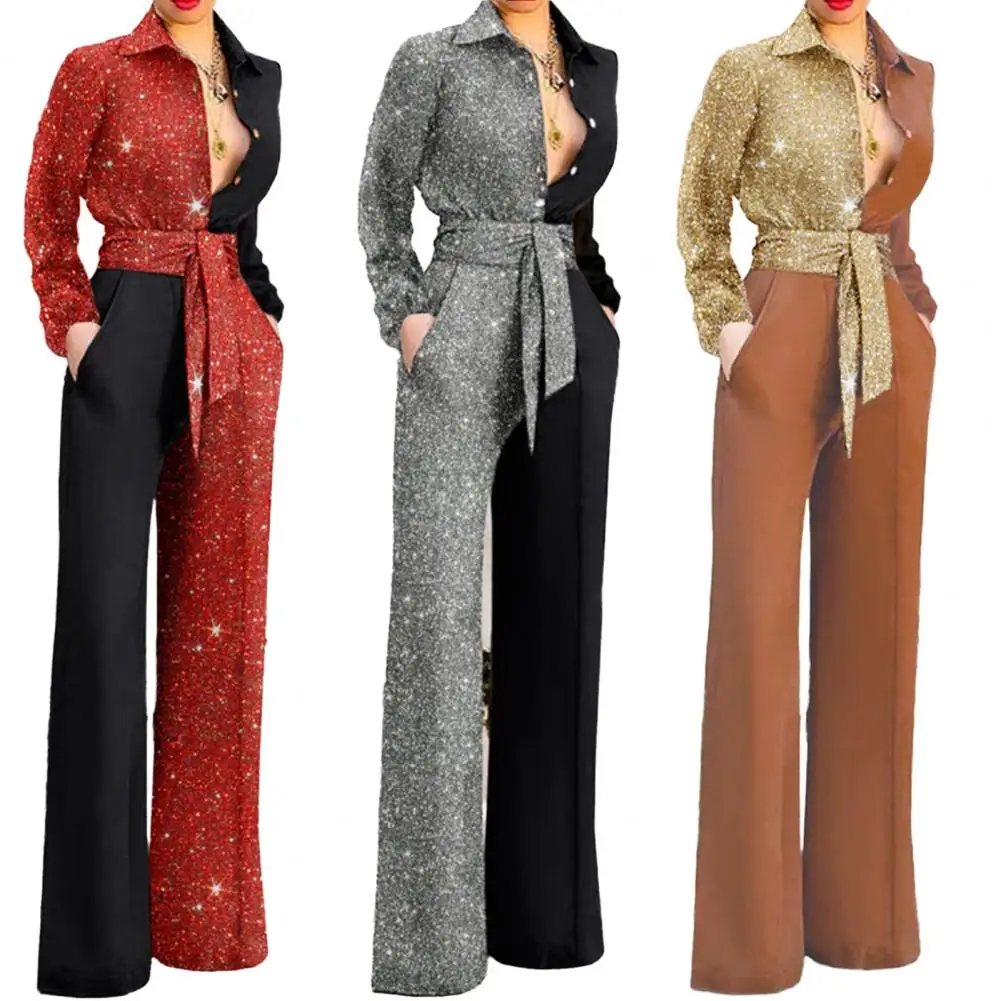 

Elegant Button Shine Patchwork Jumpsuit Fashion Lapel Lace-Up Lady Office Romper Vintage High Street Slim Pocket Women Playsuits