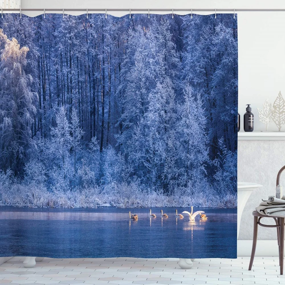 

Winter ICY Snowy Scene Shower Curtain Dusk Forest Swans Swimming Lake Idyllic Scenery Bath Curtains Waterproof Fabric with Hooks
