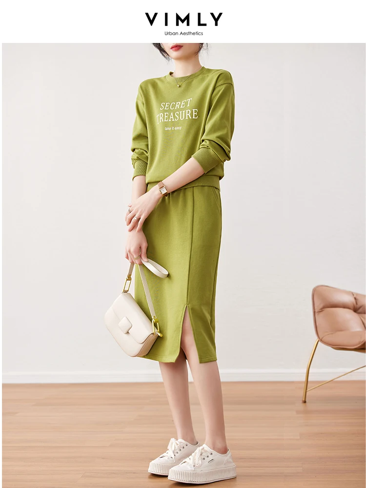 Vimly Casual Fashion Two Peice Set for Women Matching Sets 2023 Spring Letters Pint Sweatshirt Long Sleeve Midi Slit Skirt Sets