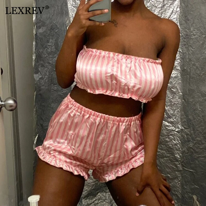 

Women 2 Pcs Pink Pajamas Tube Top Shorts Set Sleeveless Satin Silk Pajama Set Cute Sleepwear Ladies Pjs Home Suit Para Mujer