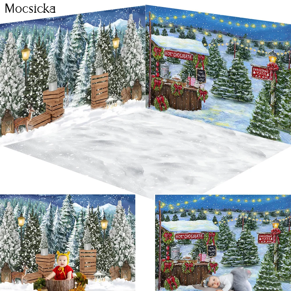 

Winter Wonderful Forest Studio Photography Background Christmas Tree Hot Cocoa Shop Wooden Box Backdrop Baby Birthday Portrait