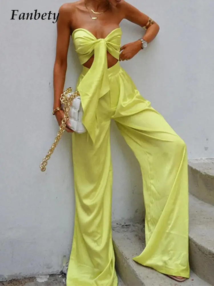 

2022 Summer New Sleeveless Tube Short Tops High Waist Wide Leg Pants Suits Women 2 Piece Set Fashion Satin Lace-Up Party Outfits