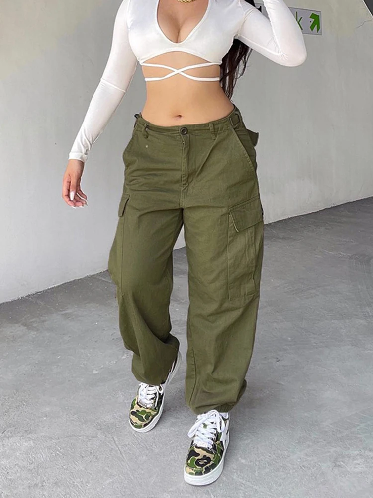 

Брюки-карго женские с заниженной талией, винтажные Мешковатые повседневные Прямые Широкие джинсовые брюки с карманами, уличная одежда в ст...